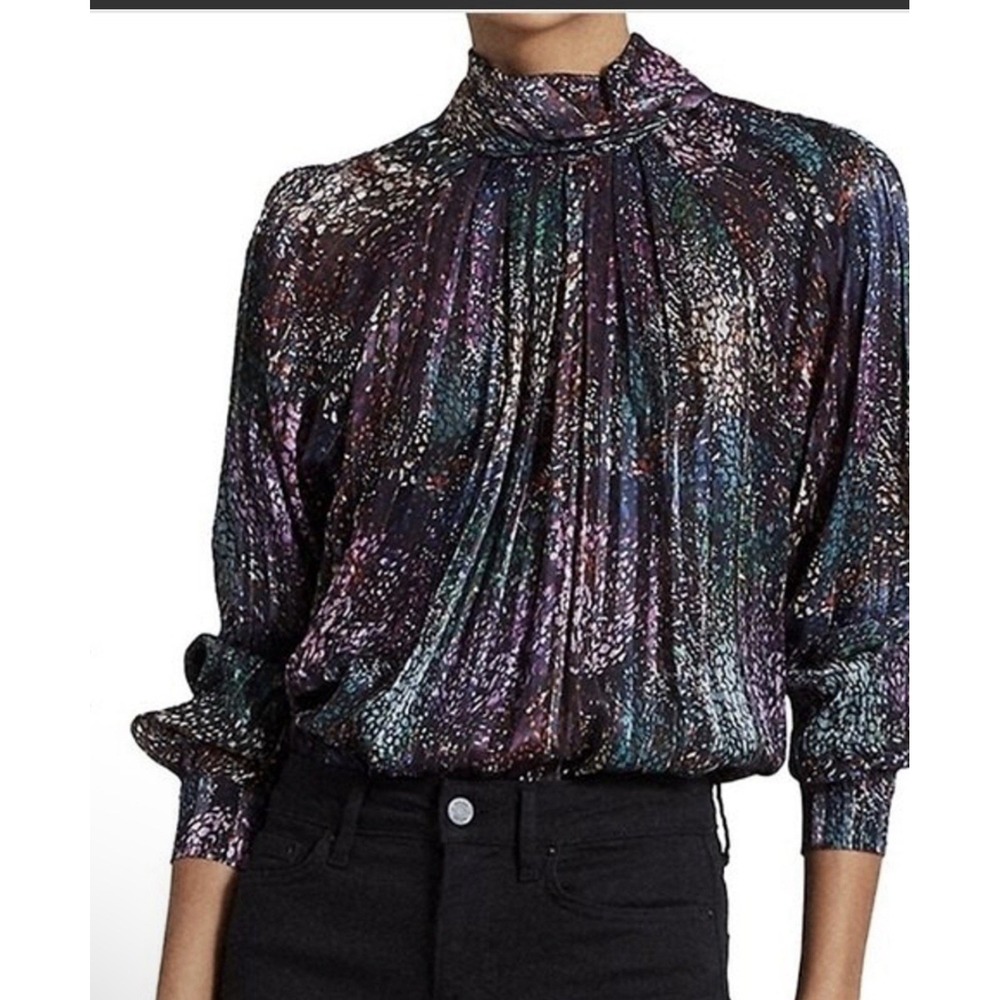 Reiss Darcey Metallic High Neck Blouse Size 8 Black/Multi Colored